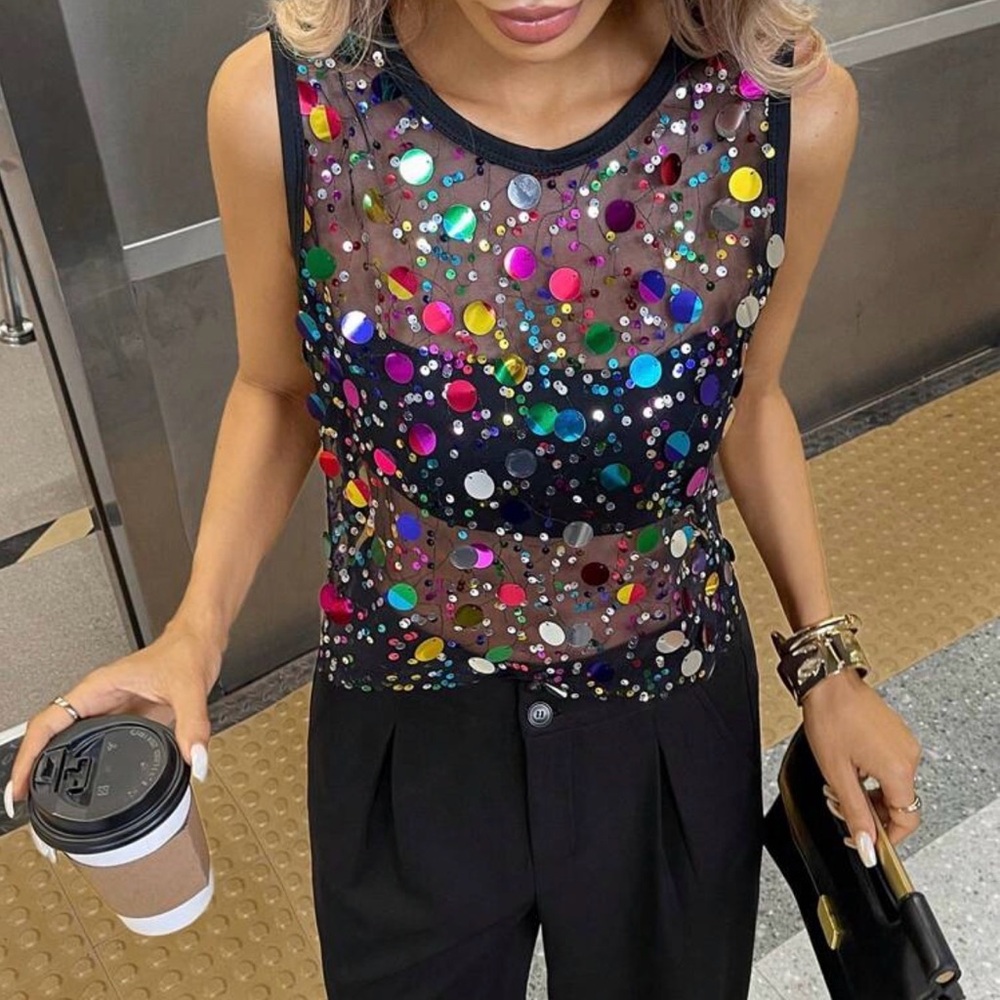 New Black Sheer Beaded Sequin Mesh Crop Top Festival Party Club Top Medium